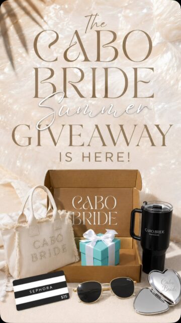 ✨The Cabo Bride Summer Giveaway is here!✨

How to Enter:

Follow @cabobride
Like this post.
Tag 2 friends in the comments.
Share this post to your Instagram Story and tag @cabobride. If your account is private, please send us a screenshot via DM. 

Prize Includes:

Tiffany & Co. Necklace
HydroJug Tumbler
$75 Sephora Gift Card
Quay Sunglasses
Cabo Bride Tote Bag
Cabo Bride Compact Mirror

Official Rules:

Open to legal residents of the United States and Canada.
Must be 18 years of age or older to enter.
Giveaway begins on July 27th, 2026 and ends on August 2nd, 2026 at 11:59 PM PST.
One winner will be selected at random and announced on August 3rd, 2026 via Instagram Stories and contacted by direct message.
The winner must respond within 48 hours, or a new winner may be selected.
No purchase is necessary to enter or win.
This giveaway is not sponsored, endorsed, administered by, or associated with Instagram, Tiffany & Co., Sephora, Quay, or HydroJug.
By entering, participants agree to these Official Rules and confirm they meet all eligibility requirements.
Cabo Bride reserves the right to modify, suspend, or cancel the giveaway if necessary.

🤍 Good luck, brides!